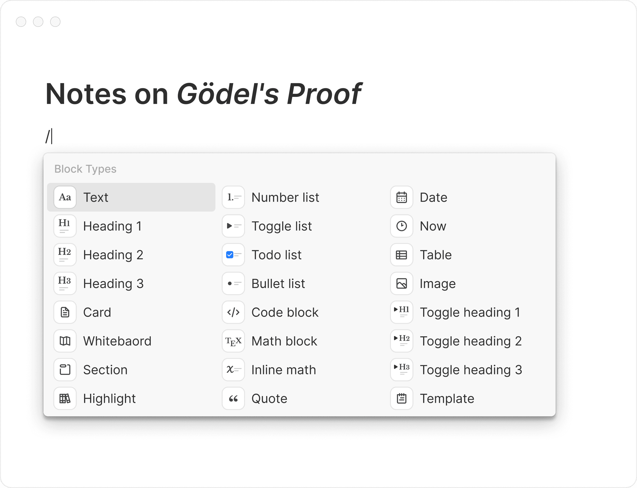 Block-based editor with slash command menu